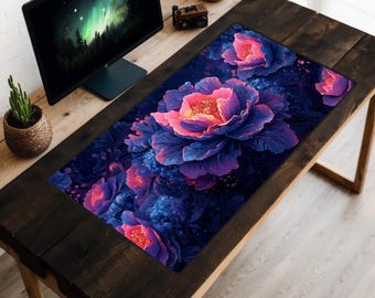 Surreal Purple Gradient Flowers Desk Mat, Pink Blue and Violet Flower Desk Pad, Beautiful Floral Desk Topper, Dark Aesthetic Mousepad