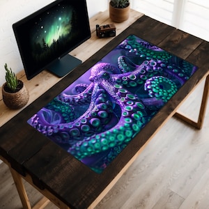 Purple Octopus Desk Mat, Purple Green Tentacles Desk Pad, Cthulhu Desk Topper, Octopi Mousepad, Squid Laptop Mat, Deepsea Creature Play Mat