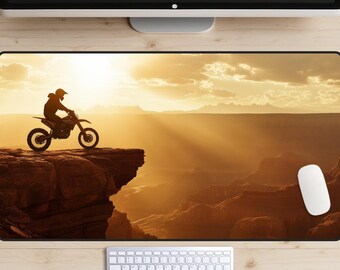 Dirt Bike Digital Art Desk Mat, Motocross Desk Pad, Grand Canyon Desk Topper, Off-Road Mousepad, Extreme Sports Laptop Mat, Daredevil, Stunt