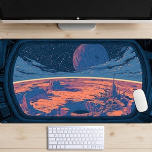 Space Exploration Desk Mat, Sci-Fi Cockpit Mouse Pad, Retro Futuristic Desk Pad, Alien Planet Art, Gaming Desk Decor, Large Desk Mat
