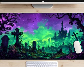 Neon Graveyard Desk Mat, Midnight Cemetery Desk Pad, Tombstones Mouse Pad, Purple and Green Desk Topper, Macabre Aesthetic, Fun, Spooky