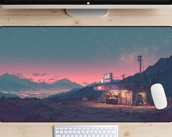 Lofi Arcade Landscape Desk Mat, Synthwave Mountain Sunset Mouse Pad, Large Outrun Aesthetic Gaming Mat, Starry Night Chillhop Office Decor