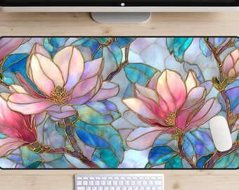 Colorful Stained Glass Magnolias Desk Mat, Pastel Gaming Mouse Pad, Floral Art Nouveau Desk Decor, Pink Flower XL Desktop Mat, Pink Flowers