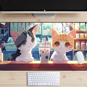 Boba Cat Cafe Desk Mat, Cute Boba Desk Pad, Kawaii Desk Topper, Bubble Tea Laptop Mat, Trendy Workspace, Boba Tea, Milk Tea Mousepad, Anime