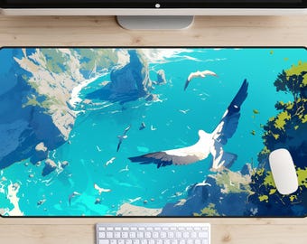 Flock of Sea Birds Desk Mat, Flying Bird Desk Pad, Blue Ocean Waters Desk Topper, Coast Mousepad, Island Cove Laptop Mat, Aqua Play Mat