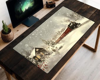 Snow Covered Train Ride Desk Mat, Christmas Train Desk Pad, Winter Landscape Desk Topper, Snowing Mousepad, Snowy Pine Trees, Polar Express