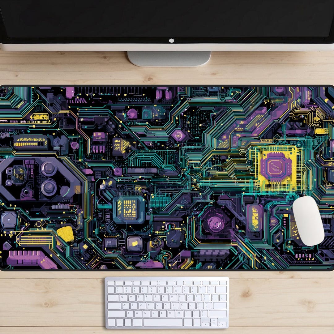 Vibrant Cyberpunk Circuit Board Desk Mat, Neon Colorful Tech Mouse Pad ...