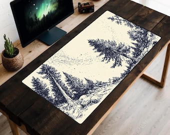 Vintage Forest Landscape Desk Mat, Retro Woodlands Illustration Desk Pad, Cedar Trees Desk Topper, Old School Outdoor Camping Mousepad