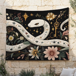 Tapisserie serpent blanc, oeuvre d'art murale serpent magique, tenture murale médiévale, décoration murale sombre universitaire, tapisseries fantastiques, salon, chambre à coucher