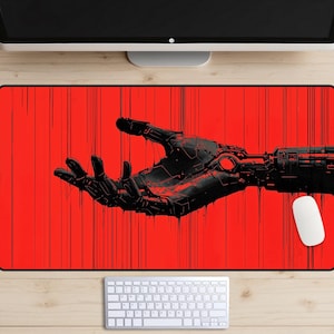 Mechanized Hand Desk Mat, Android Hand in the Rain Desk Pad, Robot Fingers Mousepad, Cyberpunk Desk Topper, Neo Futuristic Laptop Mat, Red
