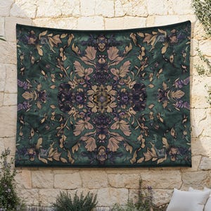 Violet and Jade Persian Tapestry, Rich Green and Deep Purple Wall Hanging, Medieval Castle Decor Wall Cloth, Cottagecore Pattern, Wildflower