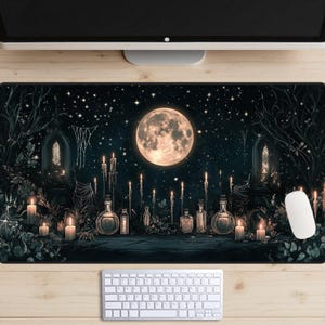 Tapete de mesa Candles and Curios, Tapete de mesa Full Moon, Topper de mesa Witchy, Mousepad Dark Academia, Loja de poções mágicas, Tapete de laptop Fantasy, Wizard