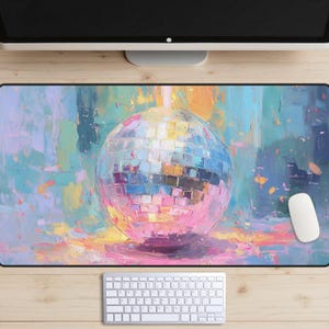 Bureauonderlegger discobal, bureauonderlegger regenboogkleuren, trendy werkruimte, Sparklecore-muismat, roze esthetische bureautopper, leuke bureaudecoraties