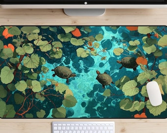 Turtle Pond Desk Mat, Turtles Desk Pad, Blue Waters Desk Topper, Zen Garden Mousepad, Calm Office Decor, Cute Desk Mat, Botanical Laptop Mat