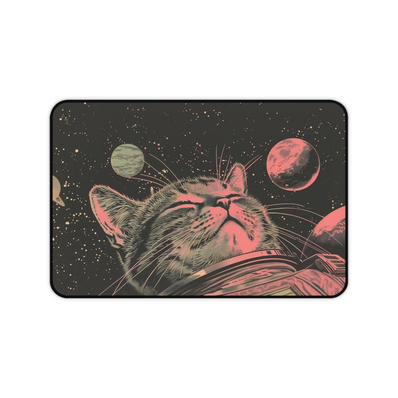 Podkładka na biurko z motywem kota kosmicznego, podkładka na biurko z motywem kota kosmicznego, nakładka na biurko z motywem kota astronauty w stylu vintage, podkładka pod mysz z motywem science fiction, podkładka na laptopa w stylu plakatu szkolnego zdjęcie 8