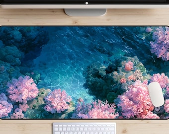 Pink Coral Reef Desk Mat, Tropical Ocean Mouse Pad, Blue Water Desk Pad, Nature Aesthetic Gaming Mat, Large Desk Accessory, Office Decor