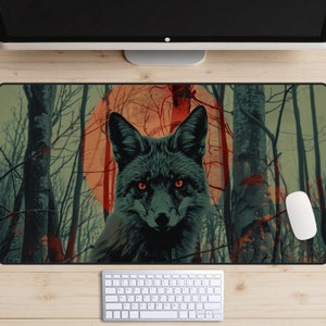 Tapis de bureau renard yeux rouges, tapis de bureau lune rouge, tapis de souris animal spirituel, dessus de bureau camouflage forêt, tapis pour ordinateur portable bois, tapis de jeu arbres rustiques, nature