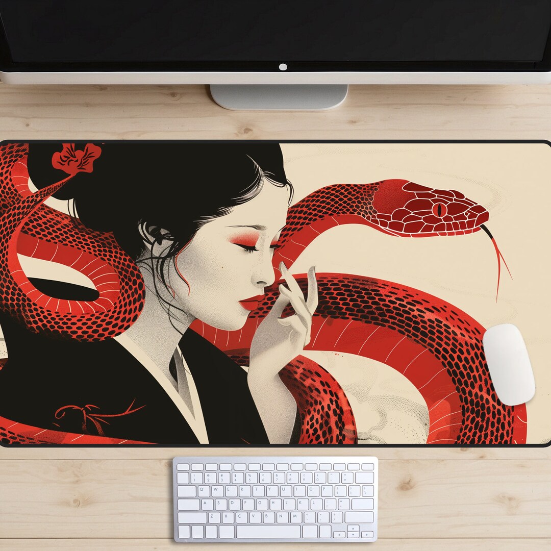 Geisha Desk Mat, Red Snake Desk Pad, Asian Mousepad, Japanese Desk Mat ...