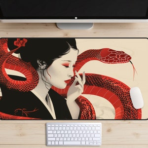 Geisha Schreibtischmatte, Rote Schlange Schreibtischunterlage, Asiatisches Mousepad, Japanische Schreibtischmatte, Vintage Art Schreibtischauflage, Kartenspielmatte, Boa Contrictor Laptop Matte