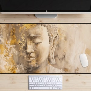 Puede incluir: Un primer plano de una pintura de la cara de Buda. La pintura está realizada en tonos dorados, marrones y blancos, y la cara de Buda es serena y pacífica.