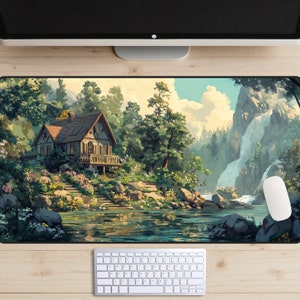 Oude cabine-bureaumat, Lofi-bureauonderlegger, House in the Forest-bureaublad, Cottage in the Mountains-muismat, Summertime Lodge-laptopmat, sereen