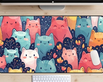 Süße bunte Katzen Schreibtischmatte, Kawaii Schreibtischmatte, Kätzchen Topper, Anime Mousepad, trendiger Arbeitsbereich, Gaming-Einstellungen, süße Schreibtischdekoration, glücklich