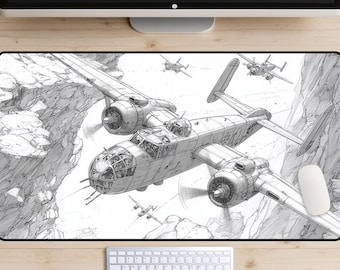War Bombers Desk Mat, Vintage Aviation Dogfight Desk Pad, WWII Technical Sketch Mouse Pad, Large Military Aircraft XL Gaming Mat, Industrial