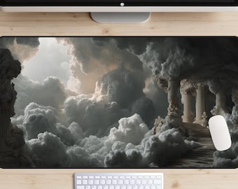 White Clouds and Roman Pillars Desk Mat, Ethereal Angelcore Pillars Mouse Pad, Large Dreamy Sky XL Gaming Mat, Majestic Roman Column Office