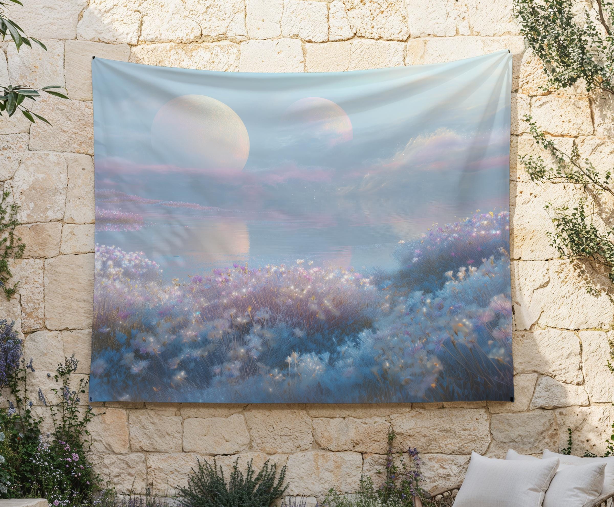 Dreamcore 風景タペストリー、幻想的な虹色の壁掛け、シュールな宇宙