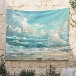 ヴィンテージ海景タペストリー、海の絵画壁掛け、海のタペストリー、青い波の壁アート、ビーチの壁装飾、海辺の背景布