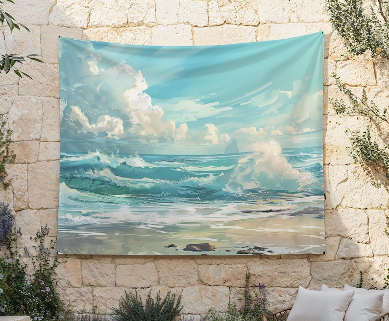 Vintage Seascape Tapestry, Sea Painting Wall Hanging, Ocean Tapestries, Blue Waves Wall Art, Beach Wall Decor, Seaside Background Cloth