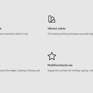 May include: A graphic showing four features of a mouse pad. The first feature is a non-slip bottom, the second is vibrant colors, the third is hemmed edges, and the fourth is multifunctional use.
