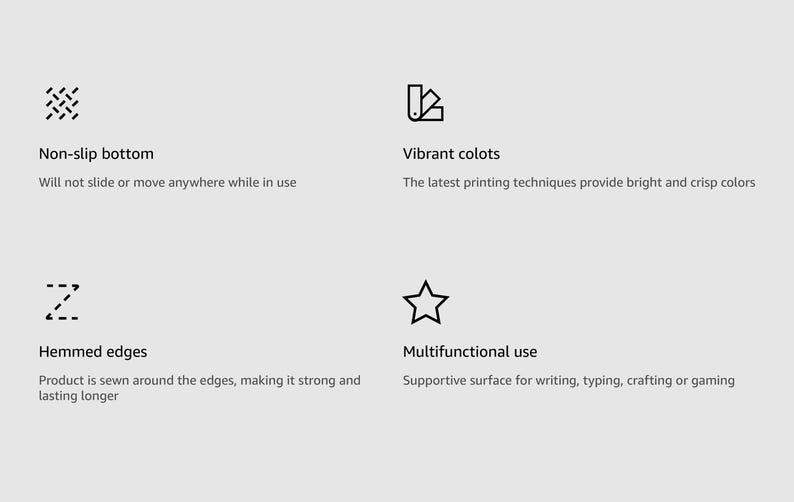 May include: A graphic showing four features of a mouse pad. The first feature is a non-slip bottom, the second is vibrant colors, the third is hemmed edges, and the fourth is multifunctional use.