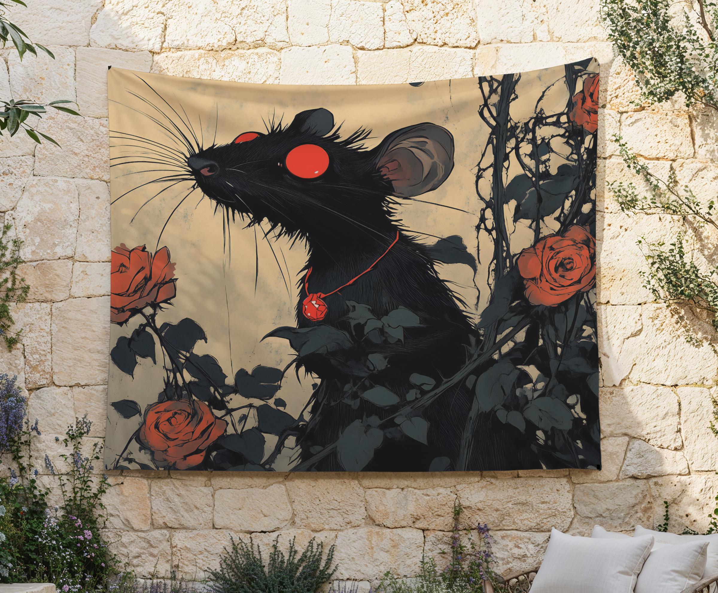 ネズミの王タペストリー、ネズミのリーダー布ハンギング、バラの中の