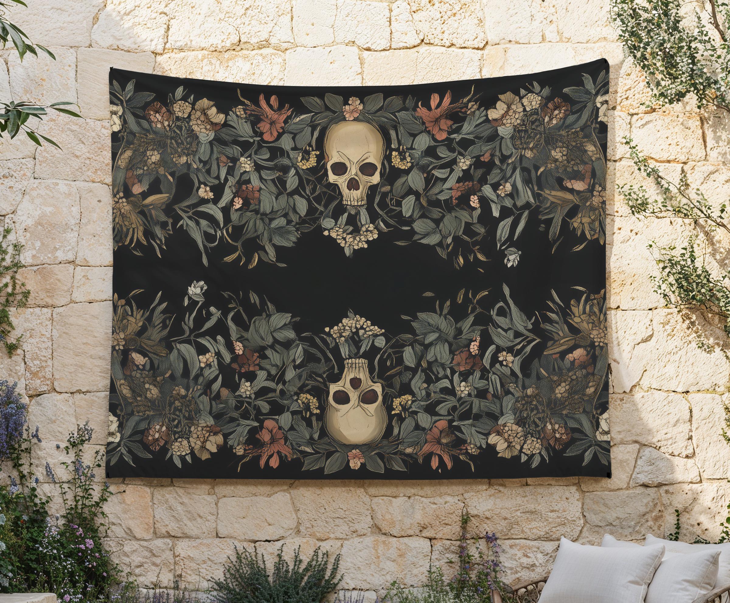 Olde Magics Tapestry, Skull Motif Wall Hanging, Witchy Cloth