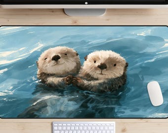 Sea Otters Desk Mat, Handholding Otters Gaming Mouse Pad, Wholesome Animal Desk Pad, Blue Ocean Workspace Decor, Cute Animal Gift
