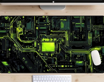 Green Cyberpunk Circuits Desk Mat, Circuit Board Desk Pad, Motherboard Mousepad, Computer Chips Desk Topper, Neon Green, Mainframe, Gaming