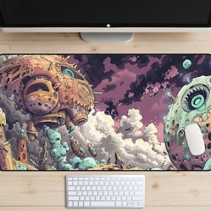 Divine Machines Desk Mat, Cyberpunk Desk Pad, Sci-fi Mousepad, Comic Book Art Style Desk Topper, Strange Planet Deskmat, Purple and Green