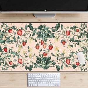Strawberry Vines Tapestry Desk Mat, Antique Farmhouse Decor, Strawberries Desk Pad, Vintage Floral Pattern Desk Topper, Cottagecore Mousepad