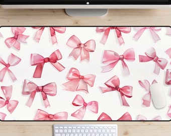 Pink Bows Desk Mat, Coquette Bows Desk Pad, Baby Pink Ribbons Desk Topper, Baby Girl, Girly Desk, Trendy Workspace, Gamer Girl, Watercolor