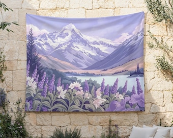 Purple Mountain Majesty Tapestry, Purple Tapestries, Violet Flowers Wall Hanging, Landscape Wall Art, Lavender Background Cloth, Wild River