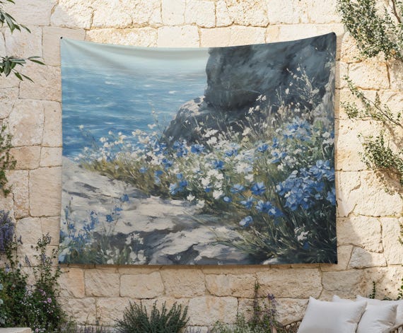 Cliffside Wildflowers Tapestry, Blue and White Wildflowers Cloth