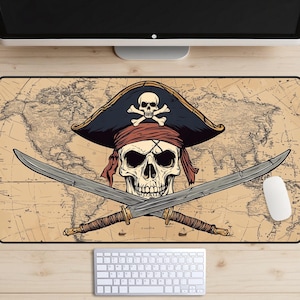 Alfombrilla de escritorio con calavera pirata y espadas cruzadas, alfombrilla de escritorio con mapa pirata, adorno de escritorio con calavera y huesos cruzados, alfombrilla de ratón de bucanero, tapete de juego MTG, juegos