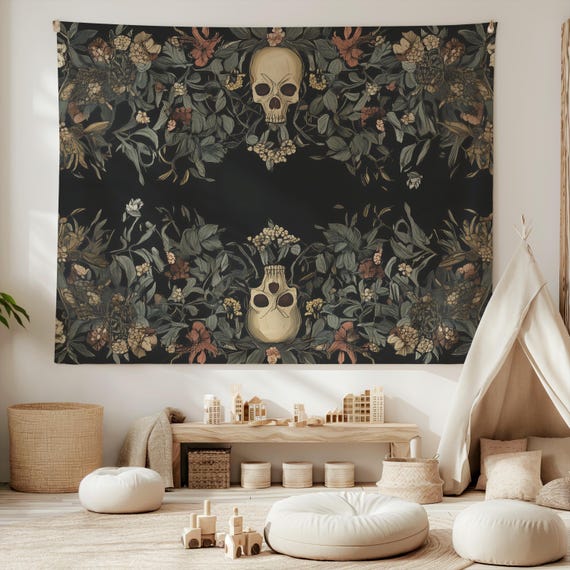 Olde Magics Tapestry, Skull Motif Wall Hanging, Witchy Cloth