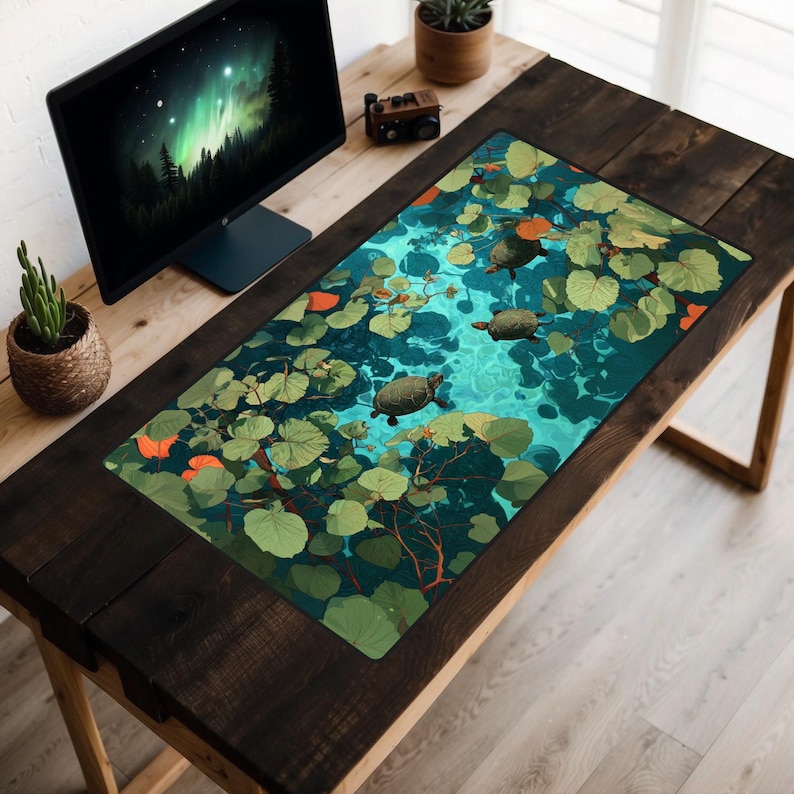 Turtle Pond Desk Mat, Turtles Desk Pad, Blue Waters Desk Topper, Zen ...
