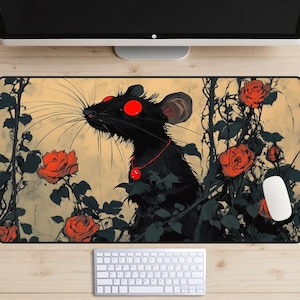 Tapete de mesa Rat King, Tapete de mesa Rat Leader, Topper de mesa Mouse in the Rose Garden, Tapete de jogo MTG, Mousepad de fantasia, Tapete de laptop de rato fofo, Rato preto