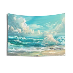 Vintage Seascape Tapestry, Sea Painting Wall Hanging, Ocean Tapestries, Blue Waves Wall Art, Beach Wall Decor, Seaside Background Cloth image 8