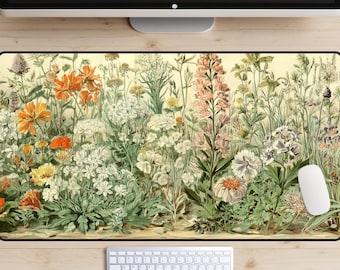 Skrivbordsmatta med vintage-motiv för vildblommor, skrivbordsmatta med Cottagecore-blommor, botanisk skrivbordsmatta, musmatta med trädgårdsodling, vintageillustration
