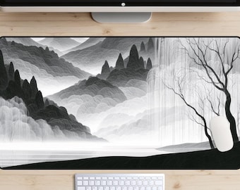 Riverside Willow Tree Desk Mat, Monochrome Mountain Desk Mat, Zen Mousepad, Black and White Ink Landscape Desk Pad, Minimalist Art Accessory