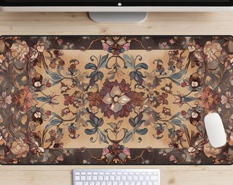 Antique Floral Tapestry Desk Mat, Victorian Persian Rug Pattern Desk Pad, Wildflower Mousepad, Cottagecore Desk Topper, Natural Colors